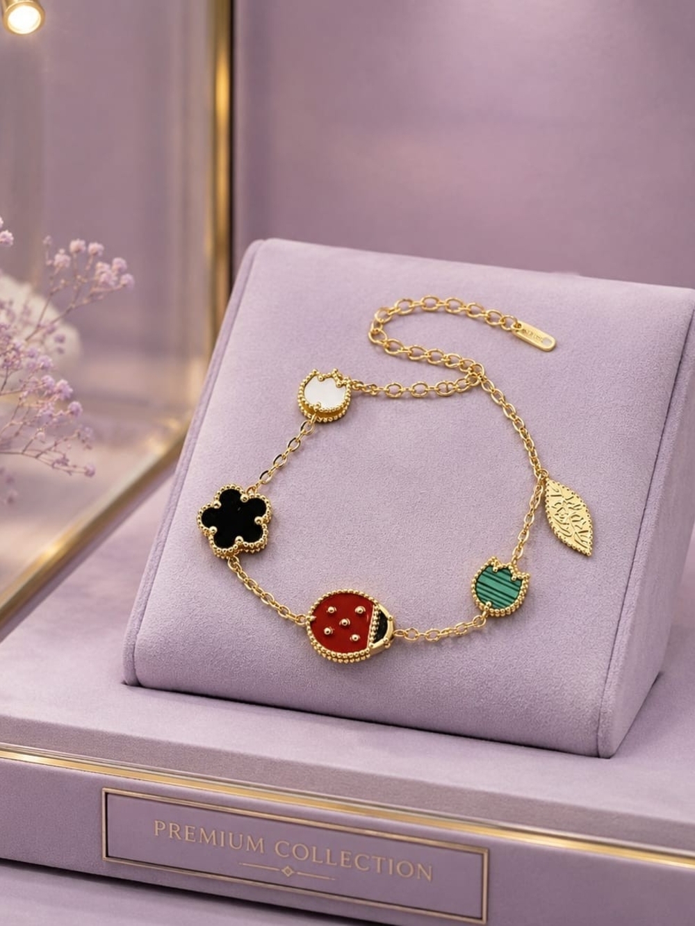 Gold-Tone Charm Bracelet with Red, Black, Green, White Accents